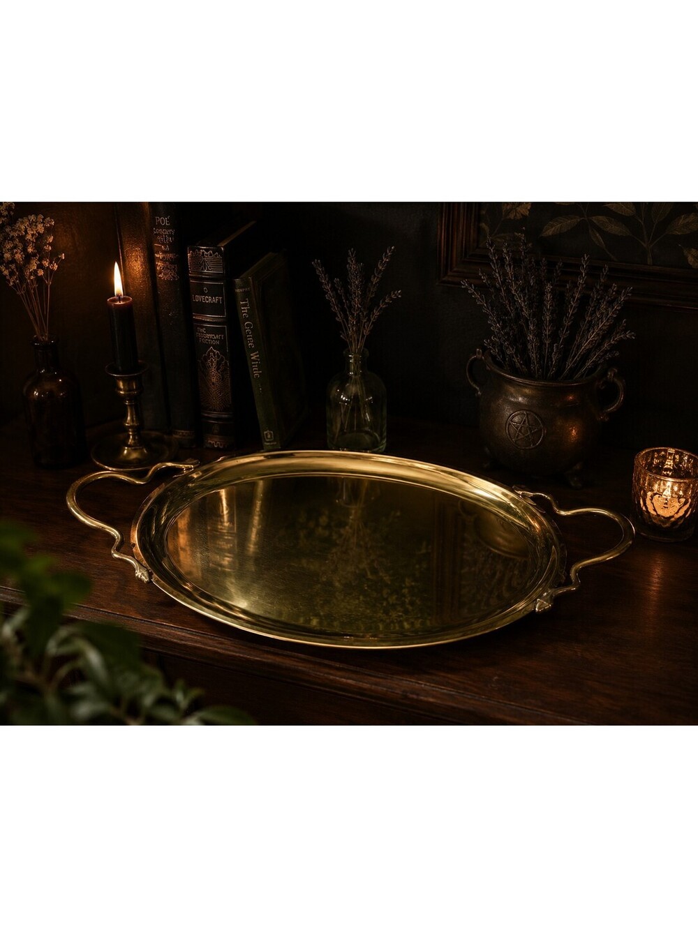 Brass Snake Handle Mirrored Tray Oval Witchy Gothic Barware 16.5”